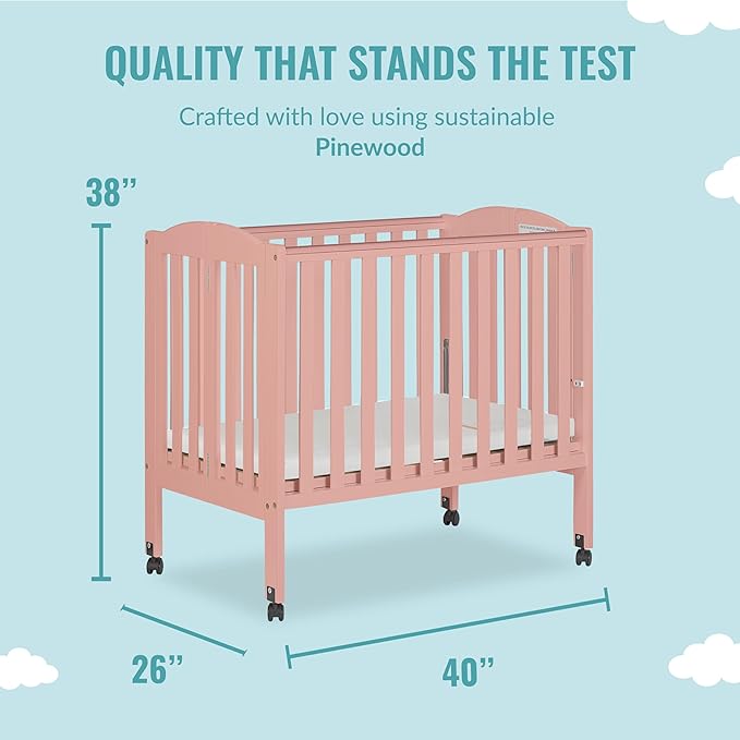 2-in-1 Portable Folding Stationary Side Crib in Dusty Pink, Greenguard Gold Certified, Two Adjustable Mattress Height Positions,Made of Solid Pinewood, Flat Folding Crib