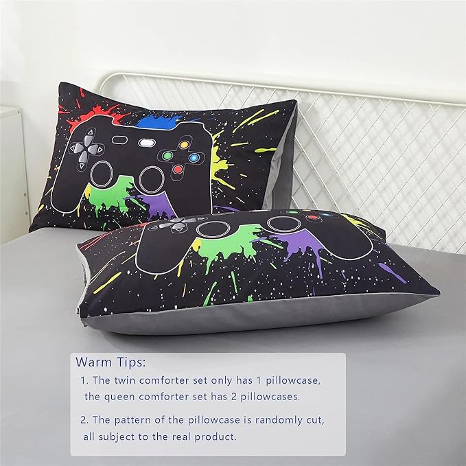 KAKKI 5 Piece Boys Full Gamer Comforter Set with Sheets, 3D Colorful Video Game Controller Comforter for Kids Teen, All Season Soft Microfiber Gaming Bedding Set(Black,Full)