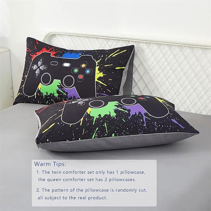 KAKKI 5 Piece Boys Full Gamer Comforter Set with Sheets, 3D Colorful Video Game Controller Comforter for Kids Teen, All Season Soft Microfiber Gaming Bedding Set(Black,Full)