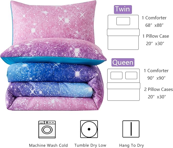 Purple Glitter Comforter Set Full/Queen Size for Girls, Sparkle Galaxy Twinkle for Kids Teen,3 Piece Blue Purple Pink Ombre Pastel Bedding Set 2 Pillow Cases(Purple,Queen),(3-Piece)