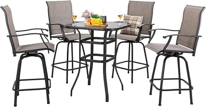 Shintenchi 5 Pieces Outdoor Swivel Bar Set, All Weather Textile Fabric Patio High Bar Stool Bistro Set with 4 Height Back Bar Chairs and Glass Table for Home, Backyard, Garden, Lawn, Porch