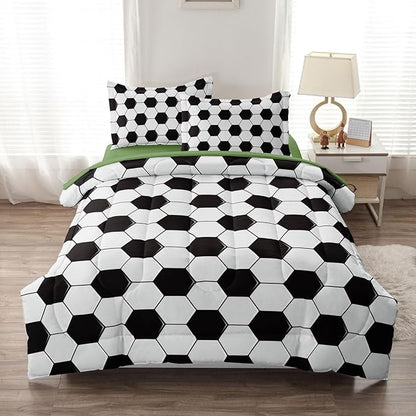 Soccer Comforter Set Twin for Boys Girls, 4 Pieces Soccer Bedding Twin Bed in a Bag Set with Sheets, Black and White Bed Sets for Teenage