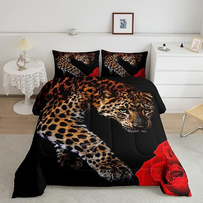 Erosebridal Leopard Comforter Set King Size,Red Rose Cheetah Bedding Set,Cat Leopard Print Down Comforter, Romantic Floral Quilted Duvet, Safari Animal Quilt Set, Stylish Bedroom Decor, Black
