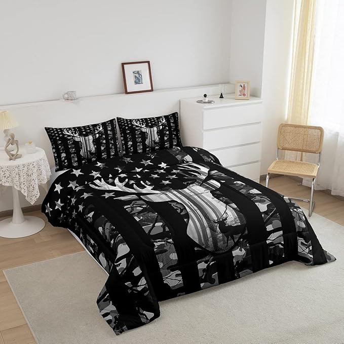 Manfei Deer Antlers Silhouette Comforter Set Twin,Camouflage American Flag Bedding Set, Wild Animal Natural Quilt Set 2 Pcs for Kids Teens Adults Room Decor,Black Grey Duvet Insert with 1 Pillowcase