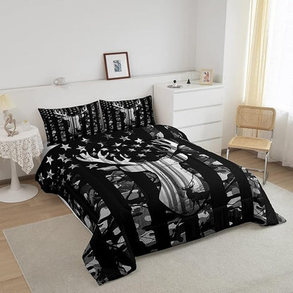 Manfei Deer Antlers Silhouette Comforter Set Twin,Camouflage American Flag Bedding Set, Wild Animal Natural Quilt Set 2 Pcs for Kids Teens Adults Room Decor,Black Grey Duvet Insert with 1 Pillowcase