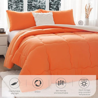 COTTEBED Warm Reversible Ultra-Soft Burnt Orange and Beige Comforter Set Queen, Breathable Fluffy Bedding Down Comforters Sets &2 Pillowshams for Women Girls Winter, Full/Queen Size Bed