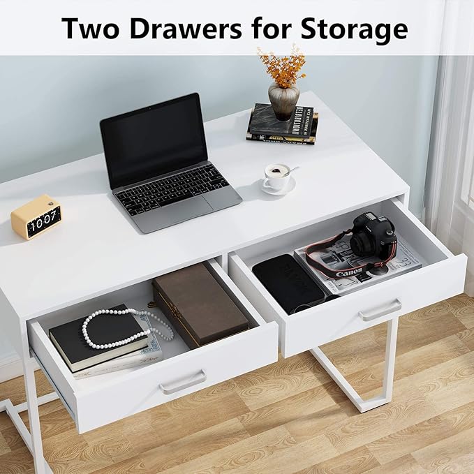 Tribesigns 40 Inch White Computer Desk, White Writing Desk with 2 Drawers, Modern Simple Study Desk Makeup Vanity Table for Bedroom Small Spaces