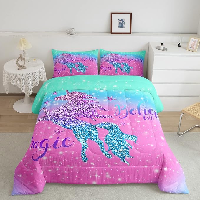 Girls Unicorn Comforter Set Twin,Glitter Gradient Bedding Set For Teens Child,Girly Sequins Magical Horse Duvet Insert For Bedroom Decor,Sparkle Galaxy Starry Sky Down Comforter,Pink Blue Quilt Set