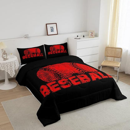 Erosebridal Kids Baseball Queen Size Bedding Set Red Black Sports Comforter Set for Boys Girls Teen,Reversible Black Quilt Comforter Soft Lightweight for All Season,1 Comforter and 2 Pillow Cases