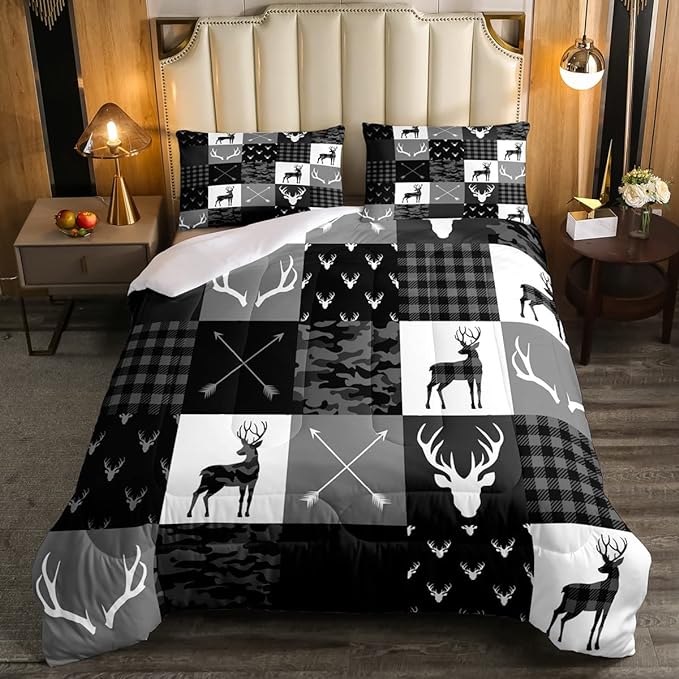 Deer Antler Silhouette Kids Comforter Set Full Size,Geometric Plaids Arrows Boho Bedding Set,Wild Animals Hunting Rustic Adventure Comforter,Camo Black Grey Quilt Set for Boys Girls Room Decor