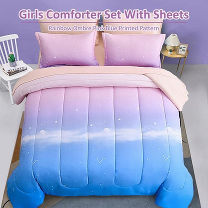 Dinjoy Girls Comforter Set Queen Size Colorful Rainbow Ombre Pink Blue Bedding Set Gradient 7 Pieces Bed in A Bag for Kids Teen Girl Women(1 Comforter, 1 Flat Sheet, 1 Fitted Sheet)
