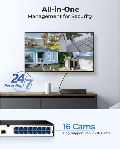 REOLINK 16CH Network Video Recorder for Home Security Camera System,Only Work with 16MP/12MP/4K/8MP/5MP/4MP The Same Brand PoE IP Cam,24/7 Recording to Pre-Installed 4TB Hard Drive,RLN16-410