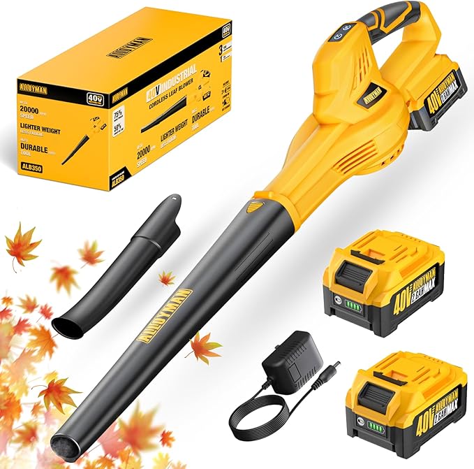 Alloyman 40V Max Cordless Leaf Blower, 150MPH/130CFM Electric Leaf Blowers, with 2 * 2.6AH Batteries & Fast Charger, 3 Speed Mode Lightweight Powered Leaf Blowers for Lawn Care/Snow Blowing
