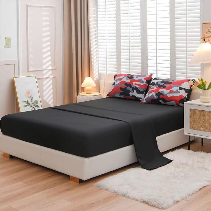 Meeting Story Camouflage Bedding Set, Colorful Pattern Style Comforter Set, 5 PCS One Comforter Two Pillowcases Two Sheets in One Bag, All Season Bedspread for Kids Teens Adults (Black, Twin 5Pcs)