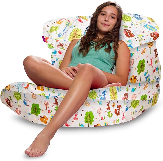 Posh Creations Structured Comfy Bean Bag Chair for Gaming, Reading, and Watching TV, Laguna Lounger, Canvas - Forest Critters on White
