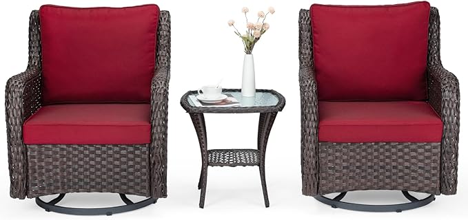 IDEALHOUSE 3 Pieces Outdoor Wicker Swivel Rocker Patio Set, 360-Degree Swivel Rocking Chair Elegant Wicker Patio Bistro Set with Tempered Glass Top Side Table (Rust Color)