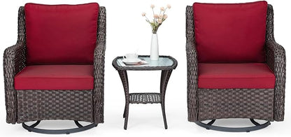 IDEALHOUSE 3 Pieces Outdoor Wicker Swivel Rocker Patio Set, 360-Degree Swivel Rocking Chair Elegant Wicker Patio Bistro Set with Tempered Glass Top Side Table (Rust Color)