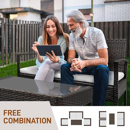 Outvita 4 Pieces Patio Furniture Set, Rattan Conversation Sets with Loveseat Soft Cushion and Glass Table for Garden Backyard Balcony Porch Poolside(Black)