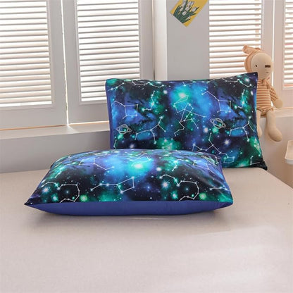 Holawakaka Tie Dye Constellation Print Ombre Comforter Set Twin Size Girls Boys Gradient Galaxy Bedding Set (Black Green,Twin)