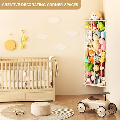 Stuffed Animal Storage Toy Organizer: Corner Stuff Animals Holder for Wall with Adjustable Length - Kids Plush Toys Storage for Nursery Playroom Bedroom Kids Room(Beige)