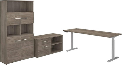 Bush Business Furniture Office 500 72W Height Adjustable Standing Desk with Storage and Bookcase in Modern Hickory