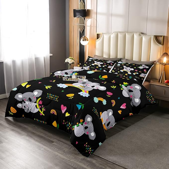 Erosebridal Koala Comforter Set, Kids Rainbow Bedding Set King Size Flower Love Heart Duvet Sets for Girls Boys Children Cute Animal Cartoon Down Comforter 3 Pieces with 2 Pillow Cases, Black