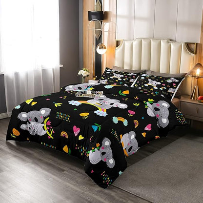 Erosebridal Koala Comforter Set, Kids Rainbow Bedding Set Queen Size Flower Love Heart Duvet Sets for Girls Boys Children Cute Animal Cartoon Down Comforter 3 Pieces with 2 Pillow Cases, Black