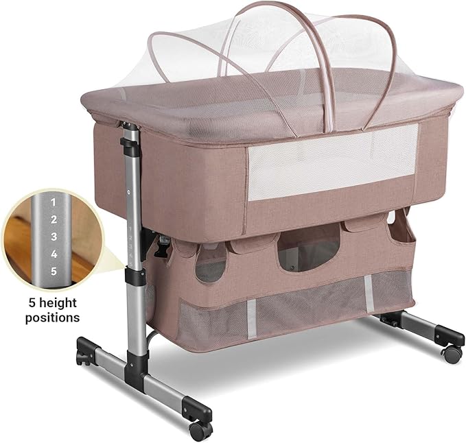 Baby Crib,3 in 1 Bedside Crib Adjustable Portable Bed for Infant,Baby Bassinet Baby Newborn Must Have Bed, Khaki