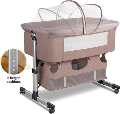 Baby Crib,3 in 1 Bedside Crib Adjustable Portable Bed for Infant,Baby Bassinet Baby Newborn Must Have Bed, Khaki