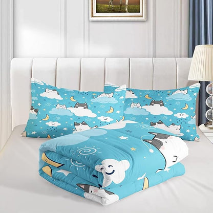 Cat Comforter Full Size,Blue Cloud Cats Comforter Set for Kids Teens Girls Boys,3Pcs Bedding Set Printed Comforter with 2 Pillowcases,Down Alternative,Soft and Lightweight，Full Size