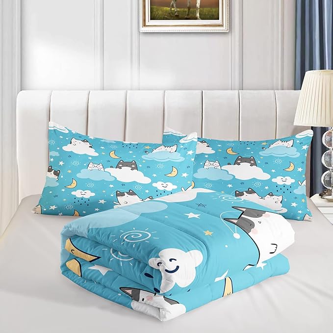 Cat Comforter Queen Size,Blue Cloud Cats Comforter Set for Kids Teens Girls Boys,3Pcs Bedding Set Printed Comforter with 2 Pillowcases,Down Alternative,Soft and Lightweight，Queen Size