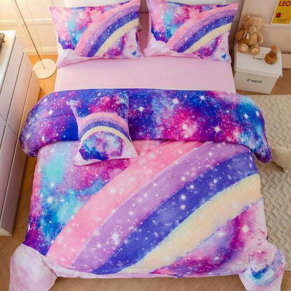 6 Pcs Tie Dye Pink Twin Comforter Set for Girls, 3D Rainbow Galaxy Gradient Themed Bed in A Bag, Pastle Nebula Kids Bedding Set with Sheets, Comforter and Pillowcases for All Season