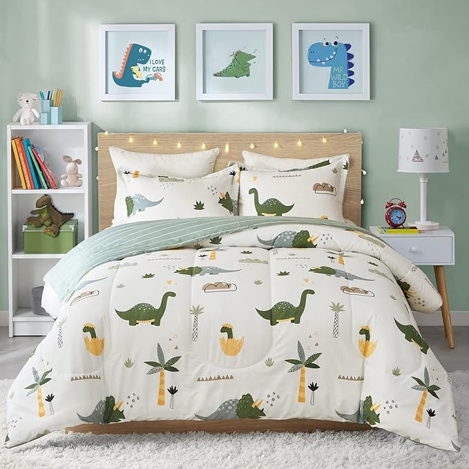 Joyreap Dinosaur Kids Cotton Comforter Set for Boys Girls, Full/Queen Size 3pcs Cotton Bedding Comforter, Fresh Green Dinosaurs on White Design, Skin-friendly Breathable for All Season- 88x88 inches