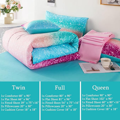 URBONUR Queen Comforter Set for Girls Teens Kids Ombre Purple Orange Teal Bedding Set Soft & Fluffy Girls Bed Set for Queen Bed Comforters with Sheets Set