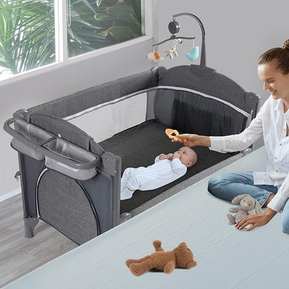 5 in 1 Baby Crib,Baby Bassinet, Bedside Cribs, Pack and Play with Bassinet and Changing Table, Portable Travel Baby Playpen with Bassinet Toys & Music Box,Mattress for Girl Boy Infant Newborn (Grey)