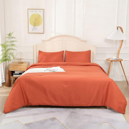Terracotta Comforter for Queen Size Bed, Full Aesthetic Modern Burnt Orange Bedding Set for Women, Cute Soft & Lightweight Chic Microfiber Bed Sets, 3 pcs-1 Comforter & 2 Pillowcases (90“x90”)
