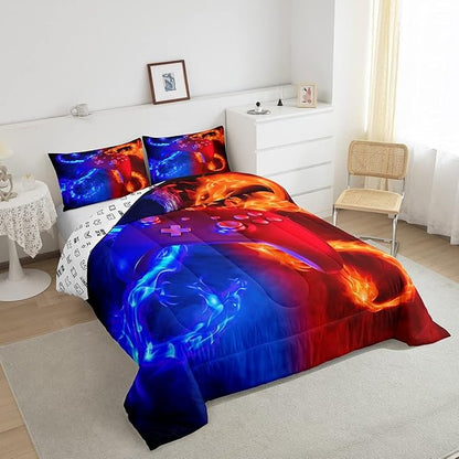 Ice Fire Dragon Comforter Set for Boys Teens Kids Gamer Games Room Decor Bedding Set Blue Red Gaming Gamepad Down Comforter ,Fairy Tale Animals Theme Room Decor 2Pcs Duvet Insert King Size,Soft