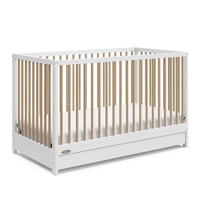 Graco Teddi 5-in-1 Convertible Crib with Drawer (White with Driftwood) – GREENGUARD Gold Certified, Crib with Drawer Combo, Full-Size Nursery Storage Drawer, Converts to Toddler Bed