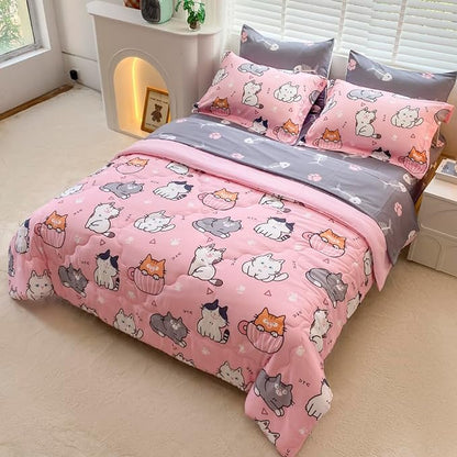7 Piece Girls Cat Comforter Set Queen Size Bed in A Bag Pink Cute Cartoon Pet Cats Bedding Set for Kids Boys Teens (1 Comforter, 1 Flat Sheet, 1 Fitted Sheet, 4 Pillow Sham) Gray