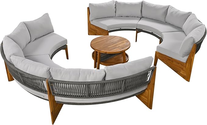 Merax Outdoor Sectional Patio Furniture Sets, Half Moon All Weather Wicker Seating Group, with Cushions and Round Coffee Table, Grey