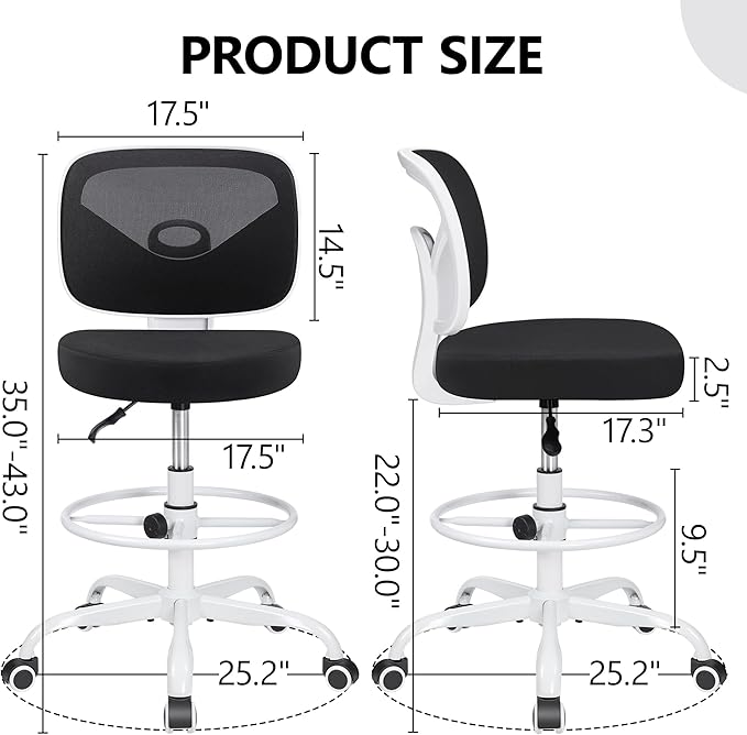 Primy Office Drafting Chair Armless, Tall Office Desk Chair Adjustable Height and Footring, Mid-back Ergonomic Standing Desk Chair Mesh Rolling Tall Chair for Art Room, Office or Home(White)