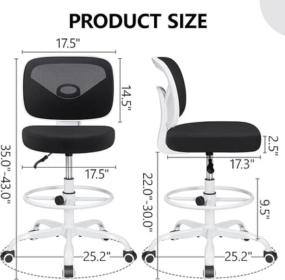 Primy Office Drafting Chair Armless, Tall Office Desk Chair Adjustable Height and Footring, Mid-back Ergonomic Standing Desk Chair Mesh Rolling Tall Chair for Art Room, Office or Home(White)
