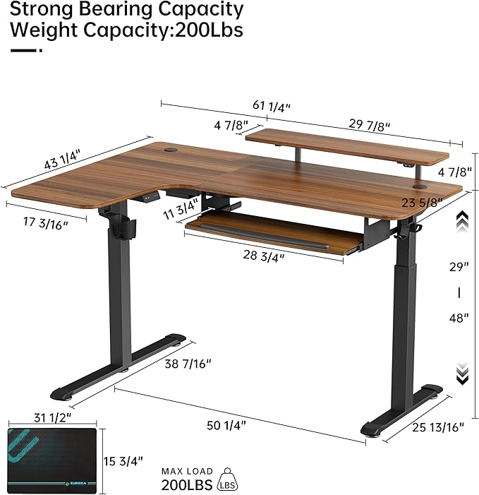 EUREKA ERGONOMIC Standing Desk Electric Adjustable Height (61"x43") Computer Desk with Keyboard Tray, Sit Stand Desk L Shaped Desk for Work/Home Office,Dual Motor,Memory Presets,2 USB/RGB,Walnut/Left