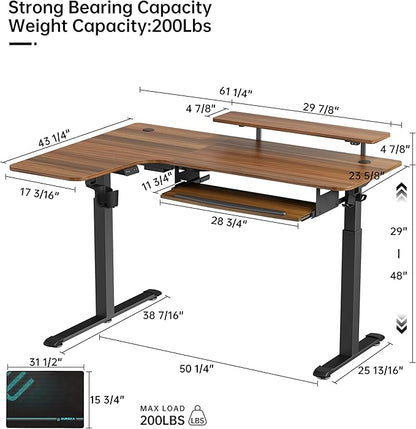 EUREKA ERGONOMIC Standing Desk Electric Adjustable Height (61"x43") Computer Desk with Keyboard Tray, Sit Stand Desk L Shaped Desk for Work/Home Office,Dual Motor,Memory Presets,2 USB/RGB,Walnut/Left
