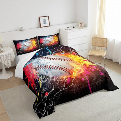 Baseball Twin Comforter Set For Boys,Tie Dye Baseball Sports Bedding Set Red Blue Fire Water Lightning Duvet Insert For All Season,Sports Baseball Quilt Soft Lightweight Bedroom Decor 1 Pillow Case