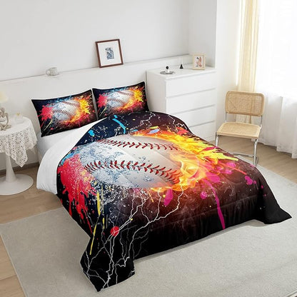 Baseball Comforter Set For Boys,Tie Dye Baseball Sports Full Bedding Set Red Blue Fire Water Lightning Duvet Insert For All Season,Sports Baseball Quilt Soft Lightweight Bedroom Decor 2 Pillow Cases