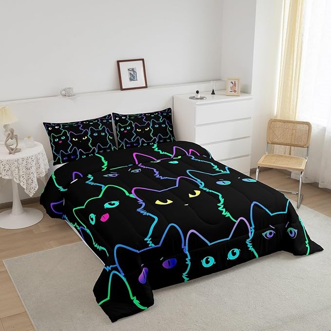 Erosebridal Teen Girl Bedding Full Size Cute Cat Kids Comforter Set Rainbow Line Cats Bedding Sets for Girls Boys Cartoon Kawaii Animal Quilt Set Reversible Black All Season,2 Pillow Cases