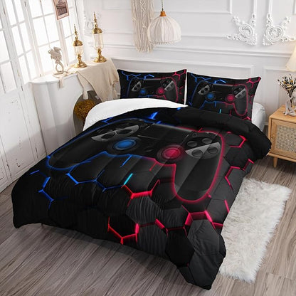 Axolotl Gamer Comforter Sets Full,Geometric Honeycomb Gaming Bedding Sets,Video Games Comforter,Gaming Bedding Set,Game Console Comforter Set for Kids Boys Girls Teens,1 Quilt 2 Pillowcases,Blue Red