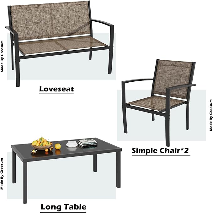 Greesum 4 Pieces Patio Furniture Set, Outdoor Conversation Sets for Patio, Lawn, Garden, Poolside with A Glass Coffee Table, Brown