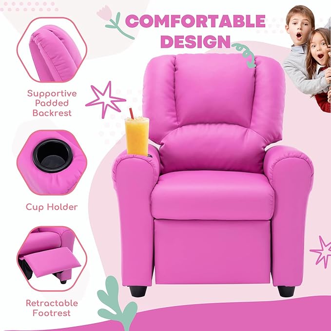 JC HOME CANDY Kids Chair Leather Recliner Sofa Toddler Youth Children Child Ages 3-7, Blush Pink